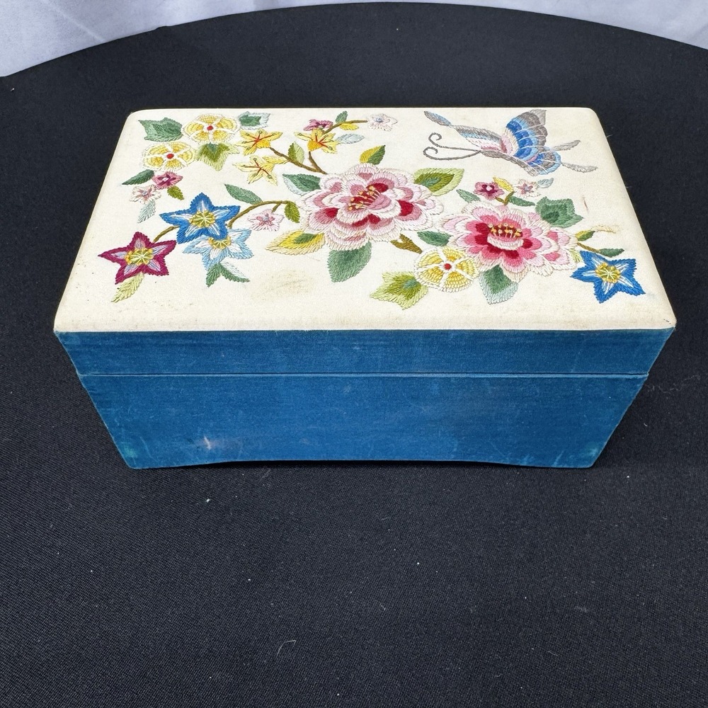Vintage Fabric With Floral And Butterfly Embroidery Musical Jewelry Box